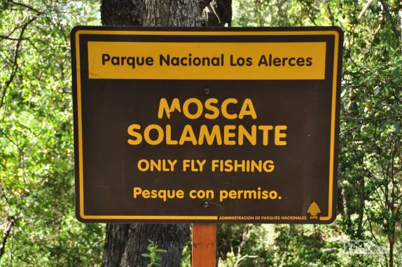Placa de aviso de que apenas a pescaria de mosca é permitida (é preciso uma licença!) no Parque Nacional Los Alerces, ao norte de Trevelin, na patagônia argentina